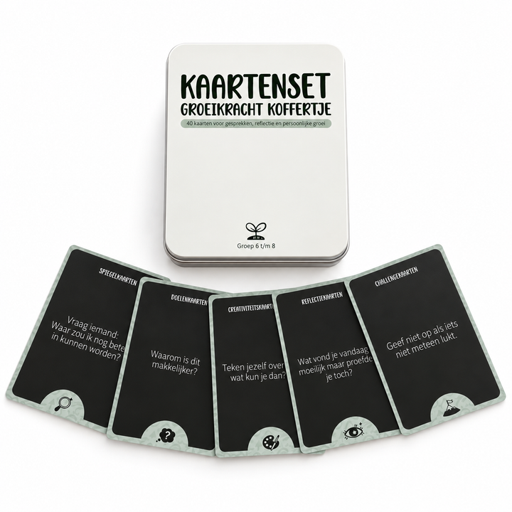 gesprekskaarten met opbergdoosje	Groeikracht Kaartenset met metalen opbergdoosje en vijf voorbeeldkaarten voor reflectie, doelen, creativiteit en persoonlijke groei.