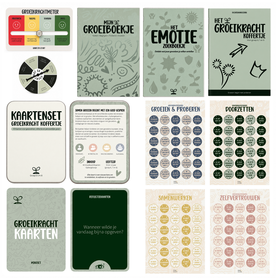 Inhoud van het Groeikracht Koffertje met emotiekaarten, reflectiekaarten en werkboeken voor sociaal emotioneel leren