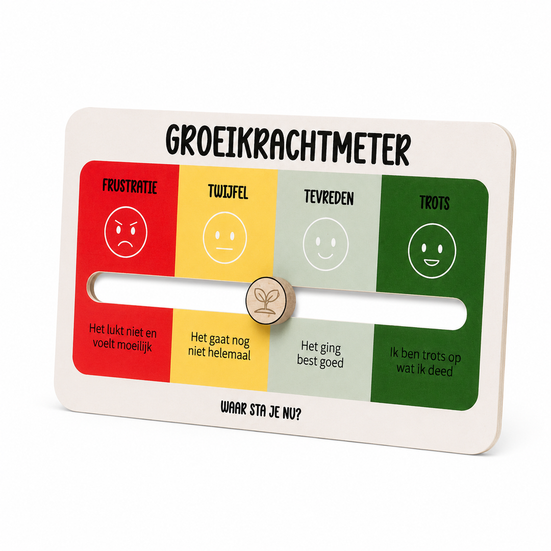 Groeikrachtmeter met vier gekleurde zones voor frustratie, twijfel, tevredenheid en trots, met een verschuifbare aanwijzer voor zelfreflectie bij kinderen.