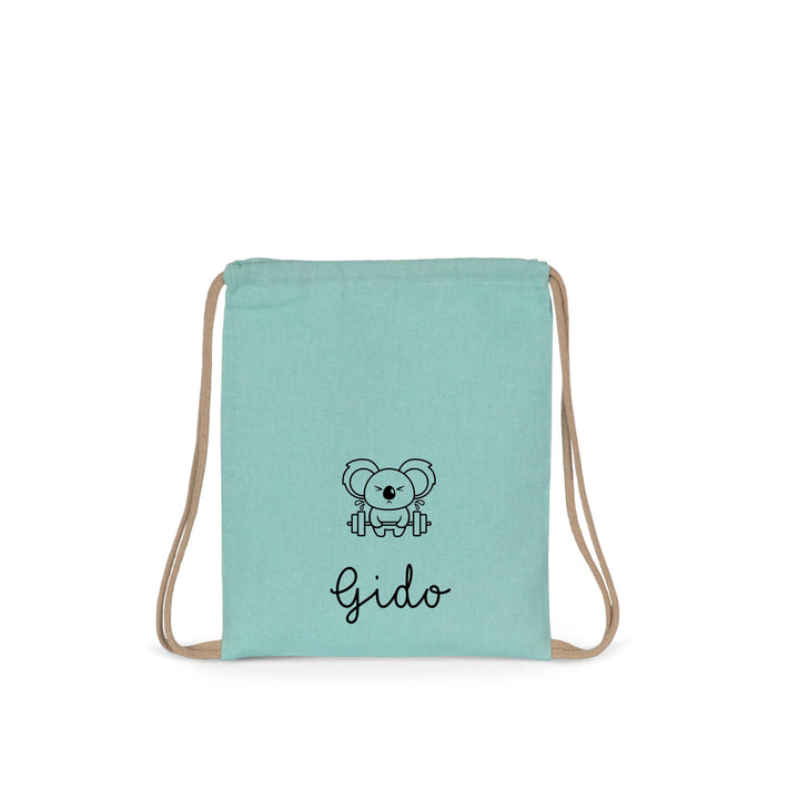 gymtas met naam Gido met koala icoon, gepersonaliseerd trekkoord rugzakje voor peuters en kleuters in topaz blauw