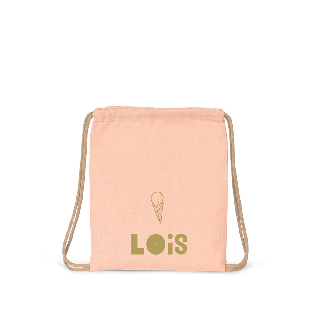 peach roze gymtas met naam Lois en ijsje icoon, gepersonaliseerd trekkoord rugzakje voor kinderen