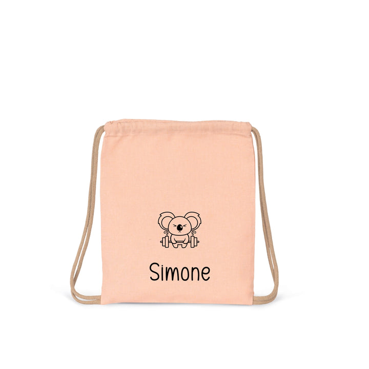 peach roze gymtas met naam Simone en koala icoon, gepersonaliseerde trekkoord gymtas voor peuters en kleuters