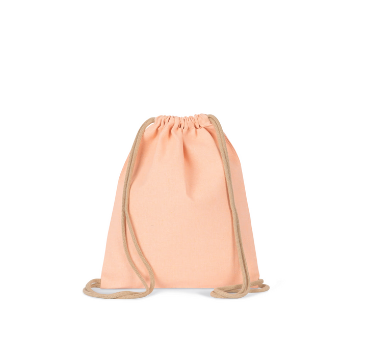 achterkant van peach roze gymtas voor kinderen met trekkoord, rugzakje zonder naam op witte achtergrond