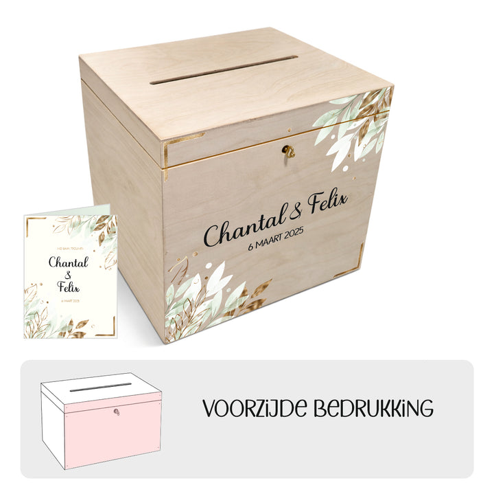 Houten enveloppenbox bruiloft met slot – ontwerp van trouwkaartje