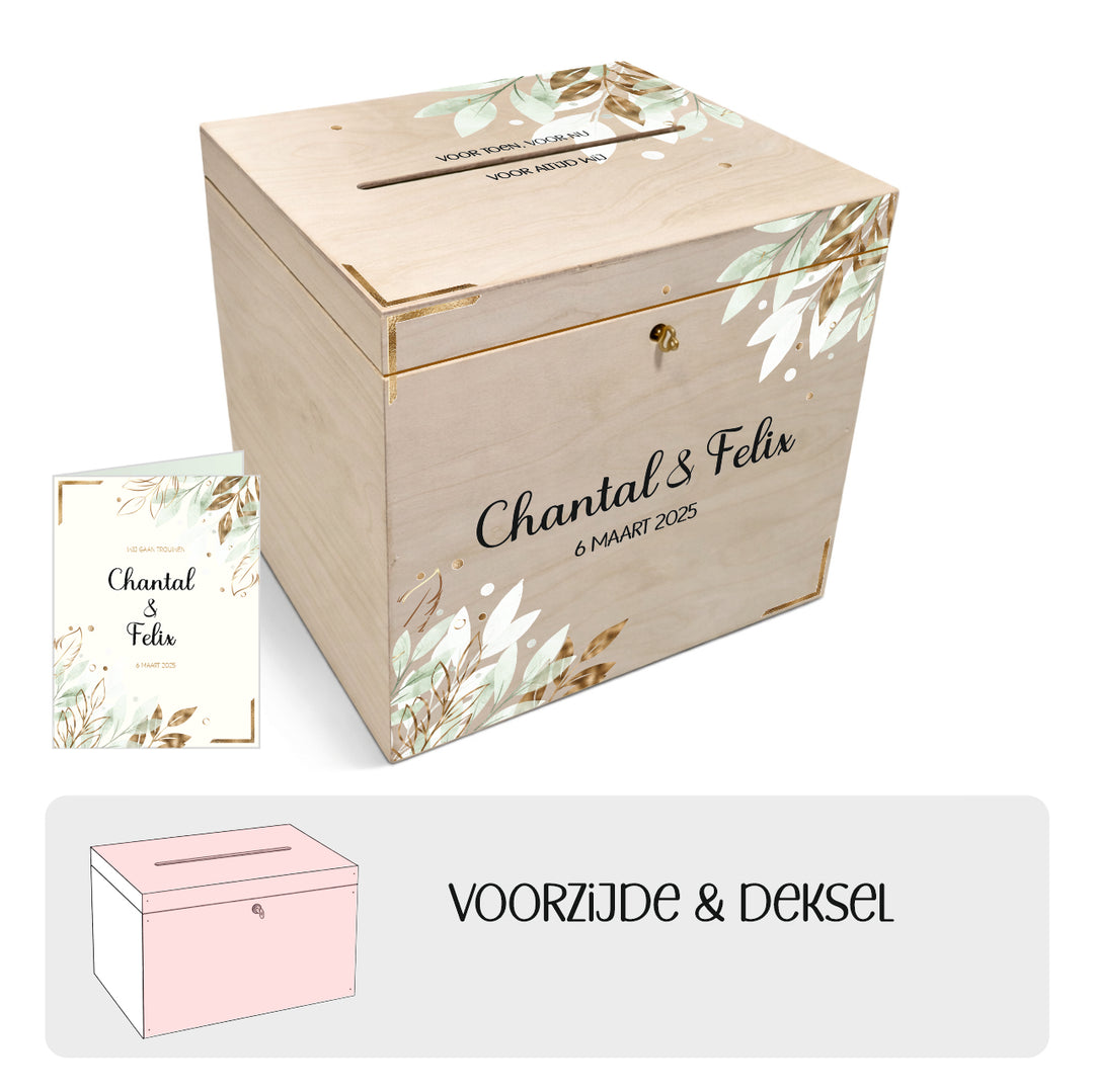 Houten enveloppenbox bruiloft met slot – ontwerp van trouwkaartje