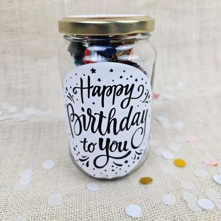Happy Birthday Pot met “Happy Birthday to you” sticker, luxe verjaardagscadeau met snoep in glazen pot