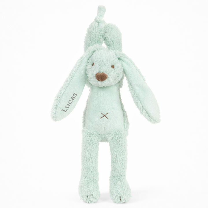 Gepersonaliseerde muziekknuffel Rabbit Richie van Happy Horse in lagoon groen – met naam op het oor en muziekje Over the Rainbow, perfect kraamcadeau