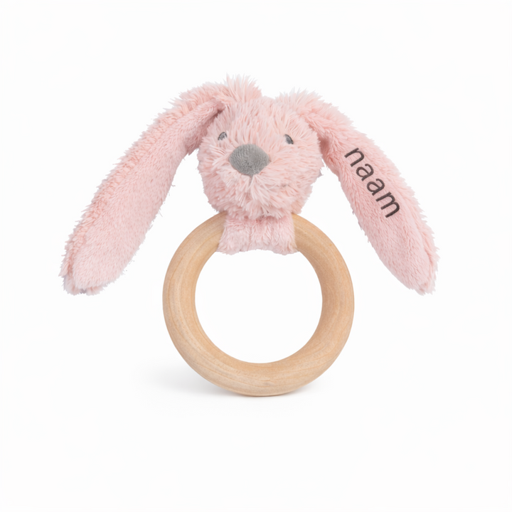 Gepersonaliseerde bijtring van Happy Horse Rabbit Ritchie in oudroze – met naam op het oor, FSC-houten ring en zacht pluche voor baby's