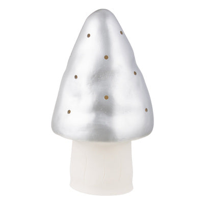 Zilverkleurige Heico paddenstoel nachtlamp met punthoed en warm LED-licht voor kinderkamer