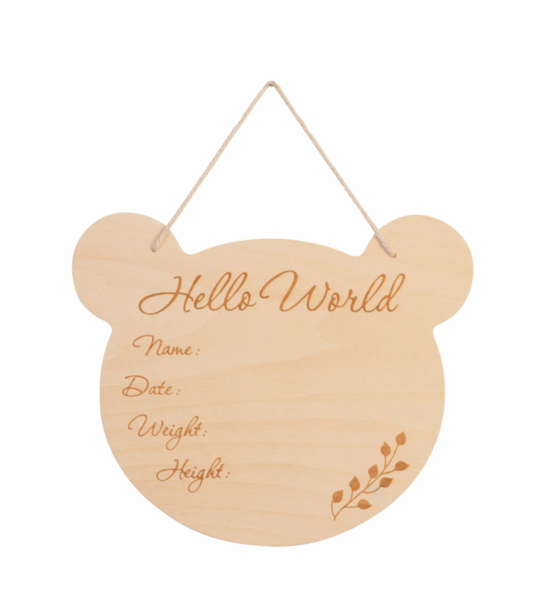 BamBam Hello World houten wandhanger in beervorm met ruimte voor naam, geboortedatum, gewicht en lengte van de baby