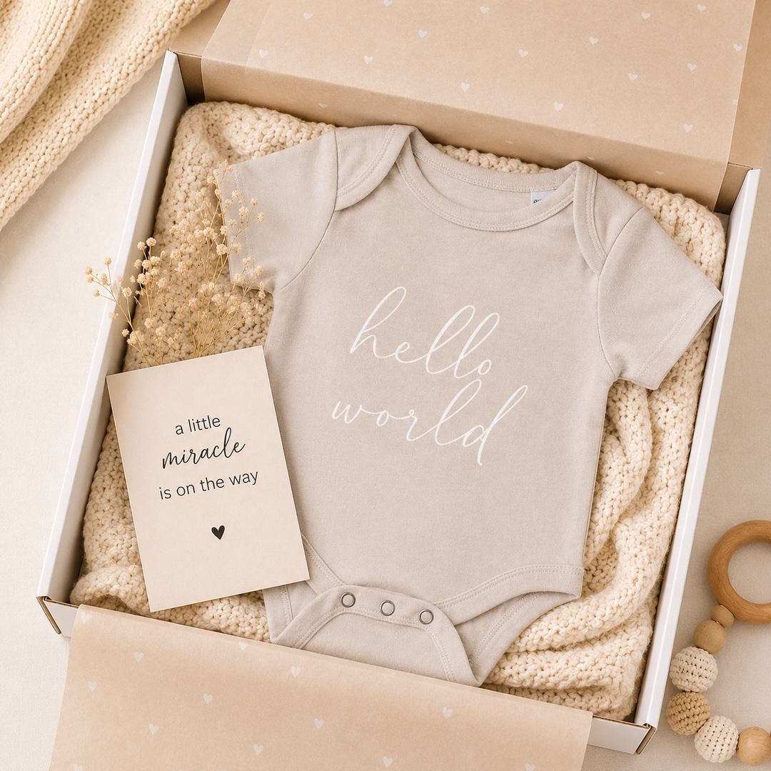 Beige hello world rompertje in cadeaudoos met kaartje “a little miracle is on the way” – origineel kraamcadeau en zwangerschapsaankondiging rompertje met tekst.