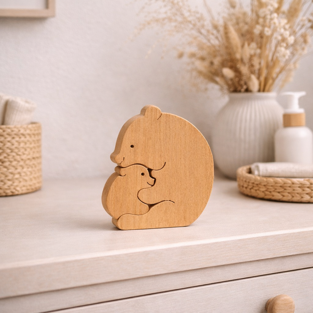 Houten moeder-kind beeldje als natuurlijke babykamerdecoratie