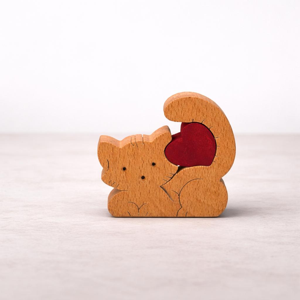 Houten beeldje kat met hart – duurzaam cadeau voor poezenfan