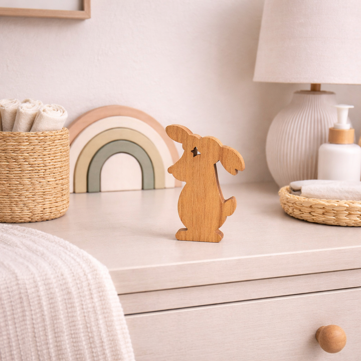 Houten beeldje konijn met jong – natuurlijk en liefdevol