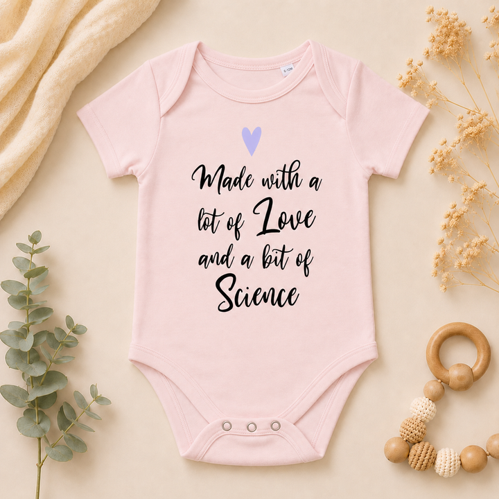 IVF rompertje baby roze met tekst “Made with a lot of love and a little bit of science”, lieve baby romper voor IVF traject en kinderwens
