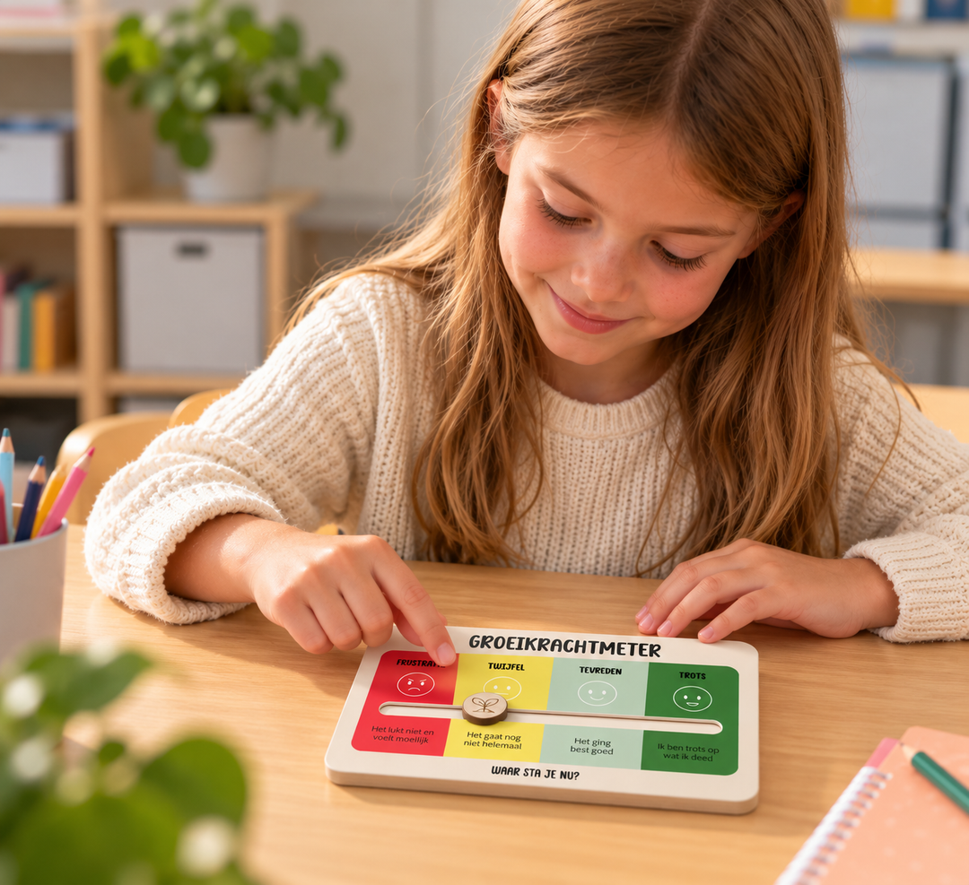 Meisje aan tafel gebruikt de Groeikrachtmeter om te reflecteren op gevoelens en ervaringen met behulp van vier gekleurde reflectiestappen.