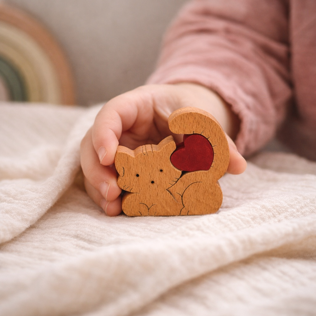 Kind houdt houten katje met hart vast – brievenbuscadeautje