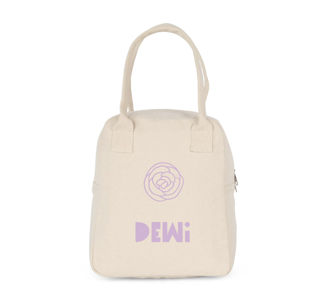 koeltas met naam Dewi met paarse bloem, gepersonaliseerde lunchtas voor kinderen in naturel katoen