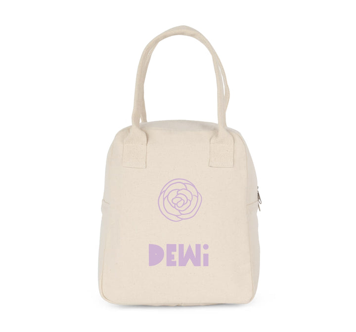 koeltas met naam Dewi met paarse bloem, gepersonaliseerde lunchtas voor kinderen in naturel katoen