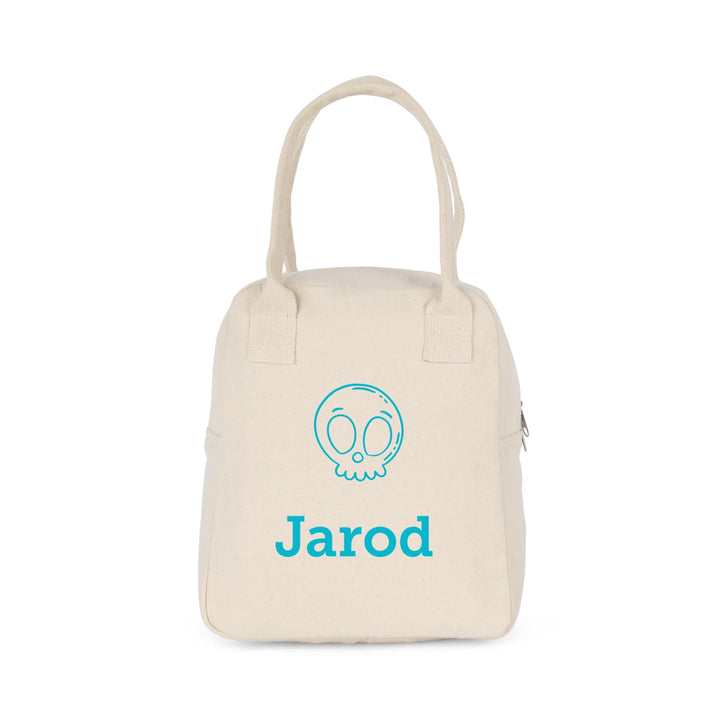 koeltas met naam Jarod met blauw schedel icoon, gepersonaliseerde lunchtas voor school of kinderdagverblijf