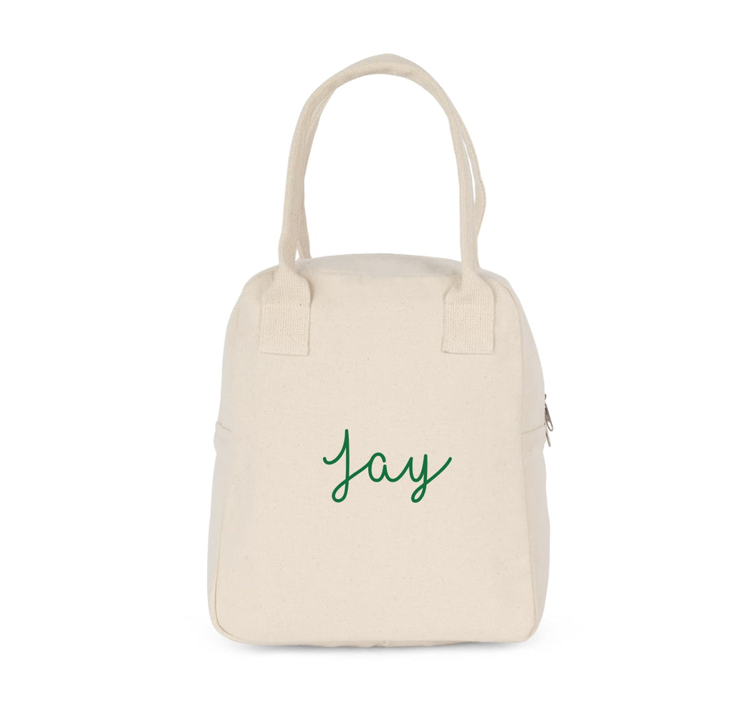 koeltas met naam Jay in groene opdruk, gepersonaliseerde lunchtas voor kinderen in naturel katoen
