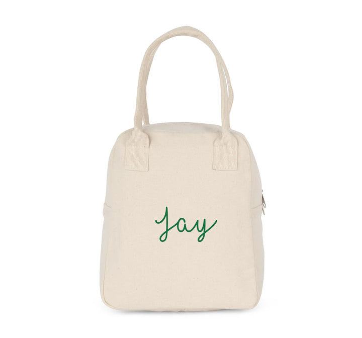 koeltas met naam Jay in groene opdruk, gepersonaliseerde lunchtas voor kinderen in naturel katoen