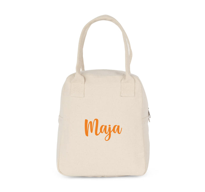 koeltas met naam Maja in oranje opdruk, compacte gepersonaliseerde lunchtas voor kinderen in naturel
