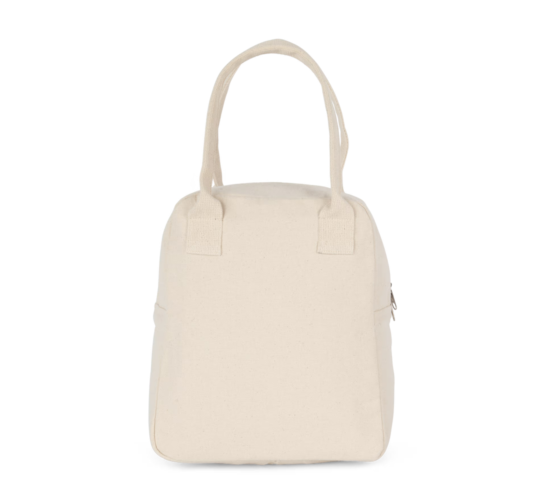 achterkant van een naturel koeltas van katoen, compacte lunchtas zonder personalisatie met handvatten