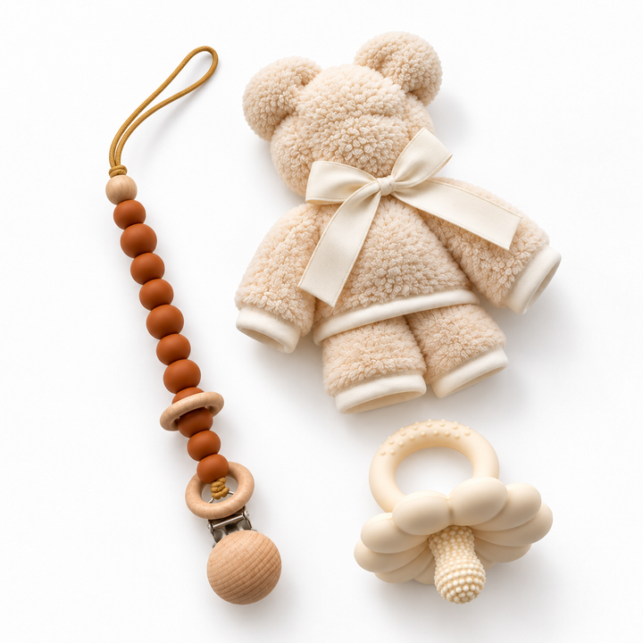 Kraamcadeau met beige berenknuffel, bruin speenkoord en bijtring.