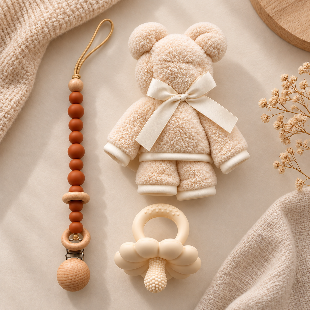 Beige kraamcadeau met berenknuffel, bruin speenkoord en bijtring.