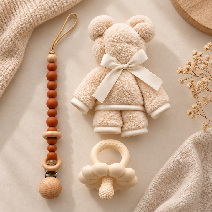 Beige kraamcadeau met berenknuffel, bruin speenkoord en bijtring.