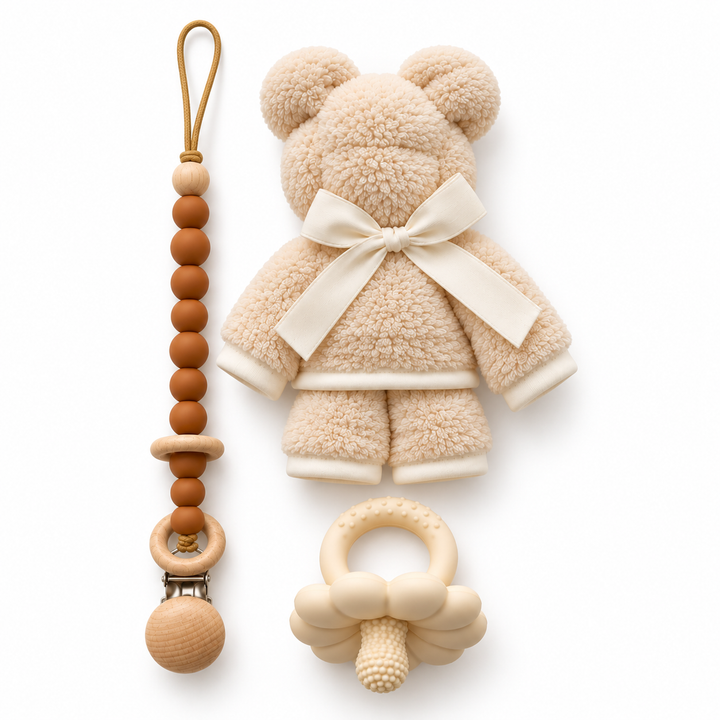 Beige babyset met zachte teddybeer, roestbruine speenclip met houten details en crèmekleurige bloemenbijtring op witte achtergrond.