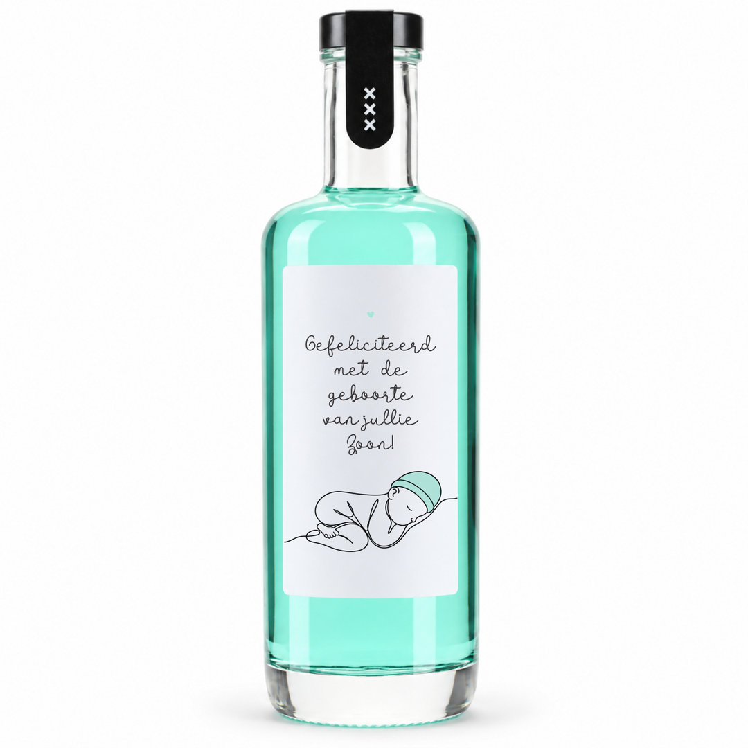 Turquoise likeurflesje met felicitatie voor de geboorte van een zoon