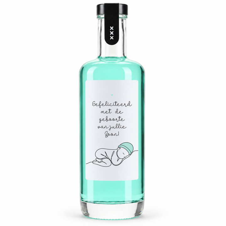 Turquoise likeurflesje met felicitatie voor de geboorte van een zoon