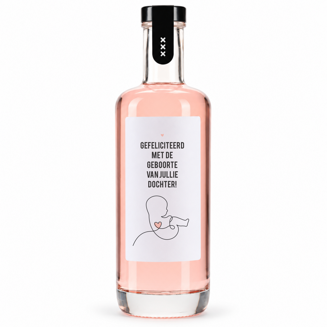 Roze likeurflesje met etiket ‘Gefeliciteerd met de geboorte van jullie dochter’