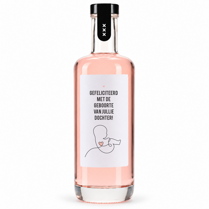 Roze likeurflesje met etiket ‘Gefeliciteerd met de geboorte van jullie dochter’