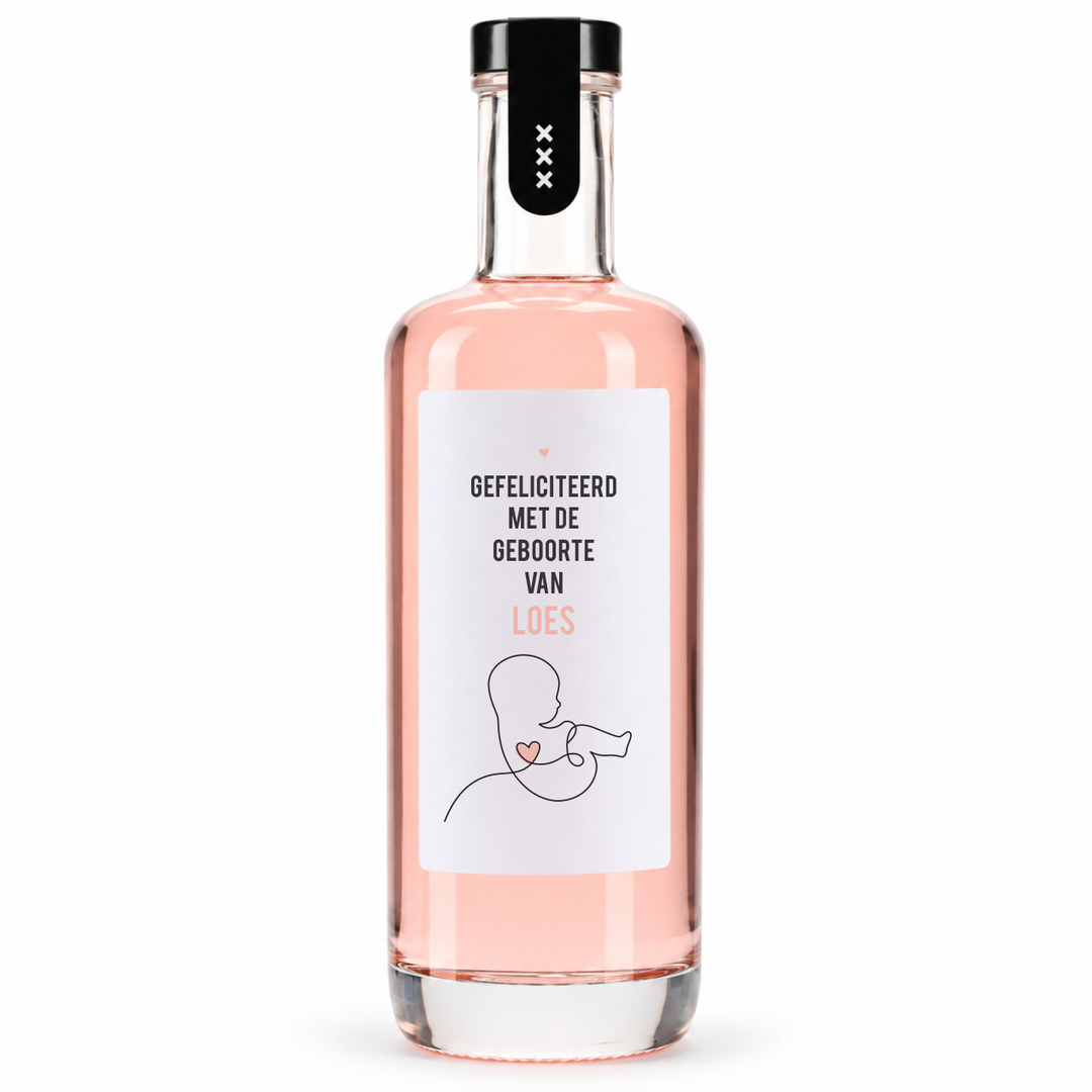 Roze likeurflesje als gepersonaliseerd geboortecadeau met de naam Loes op het etiket