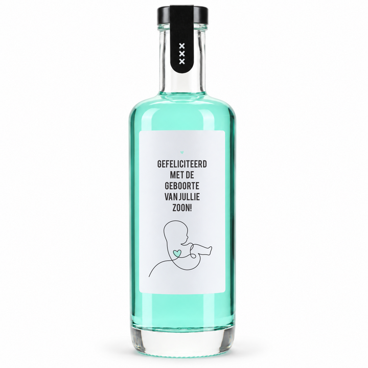 Turquoise likeurflesje met etiket ‘Gefeliciteerd met de geboorte van jullie zoon’