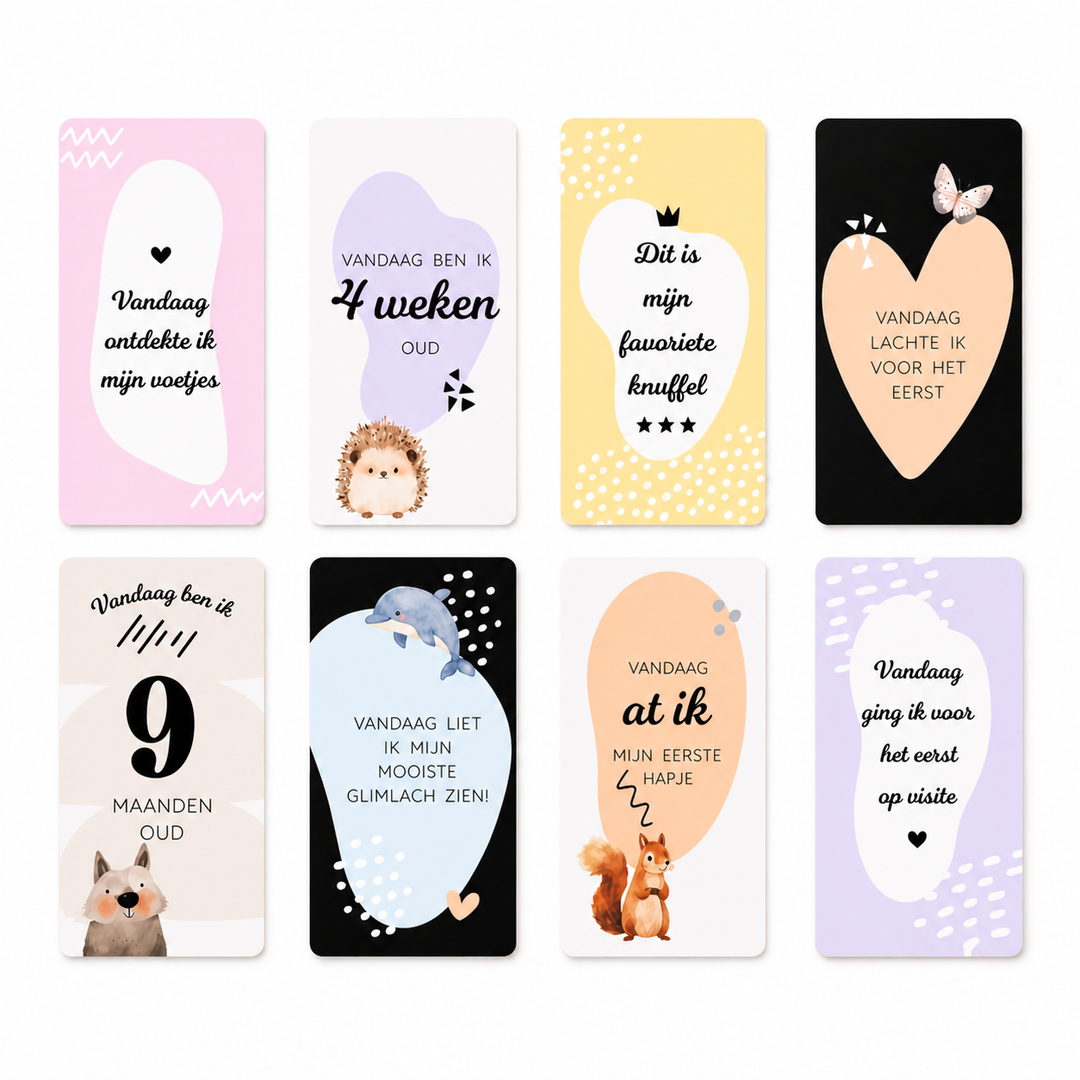 Overzicht van verschillende fotokaartjes met baby mijlpalen voor het eerste jaar, geschikt als kraamcadeau.