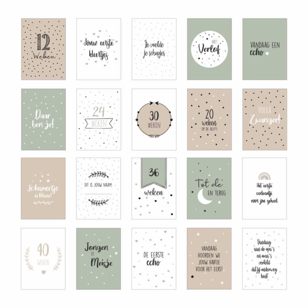 Overzicht van alle zwangerschaps mijlpaalkaarten, 20 milestonecards in minimalistische stijl en natuurlijke kleuren