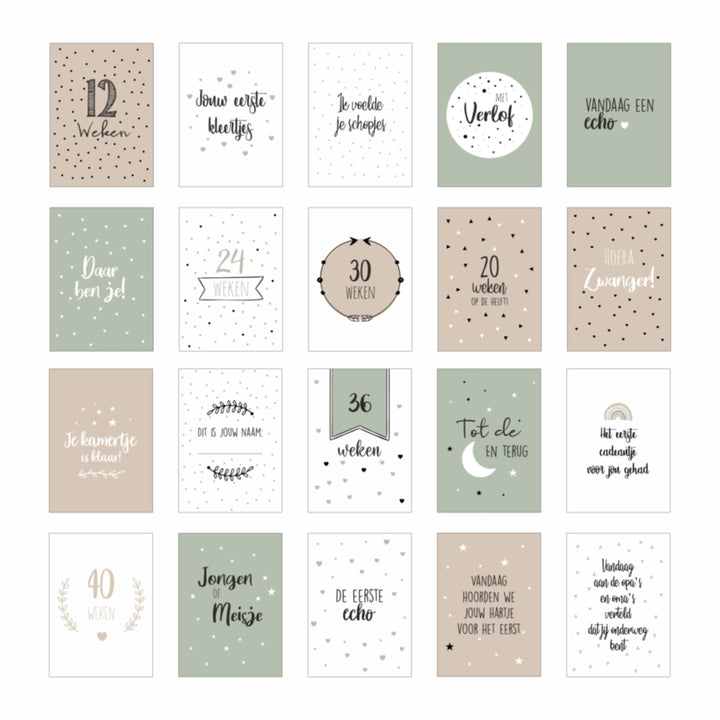 Overzicht van alle zwangerschaps mijlpaalkaarten, 20 milestonecards in minimalistische stijl en natuurlijke kleuren