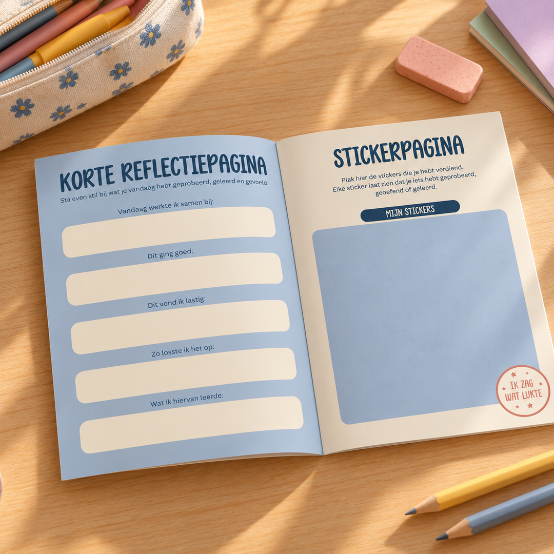 Open werkboek voor kinderen met een korte reflectiepagina en stickerpagina om terug te kijken op wat goed ging, wat lastig was en wat ze hebben geleerd.