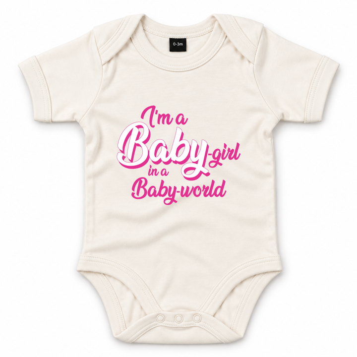 Naturel rompertje meisje met roze Baby-girl opdruk.