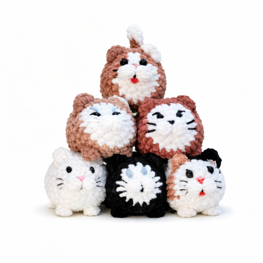verzamel foto van handgemaakte newborn kat knuffeltjes van KnufEL in meerdere kleuren, schattige gehaakte katjes met verschillende oogjes