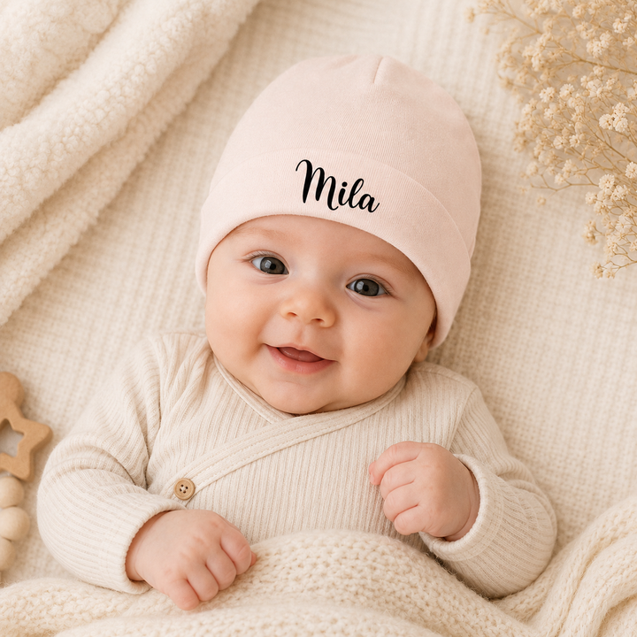 Baby met gepersonaliseerd babymutsje met naam Noah, zacht newborn mutsje van organic katoen