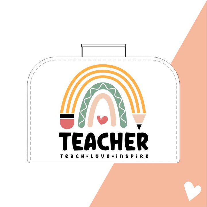 ontwerp teacher koffertje teach love inspire regenboog potlood cadeau juf meester en juffendag
