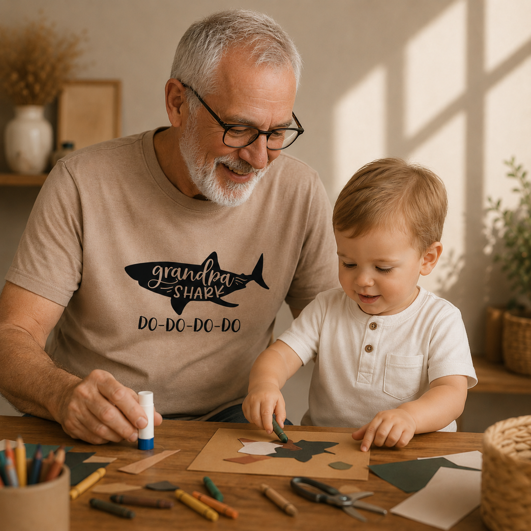 Opa draagt Grandpa Shark T-shirt met kleinkind, grappig cadeau voor opa en familie fotomoment