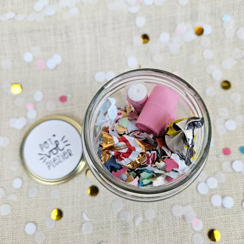 Open Pot vol Plezier verjaardag pot met confetti en verrassingen, origineel verjaardagscadeau in een potje