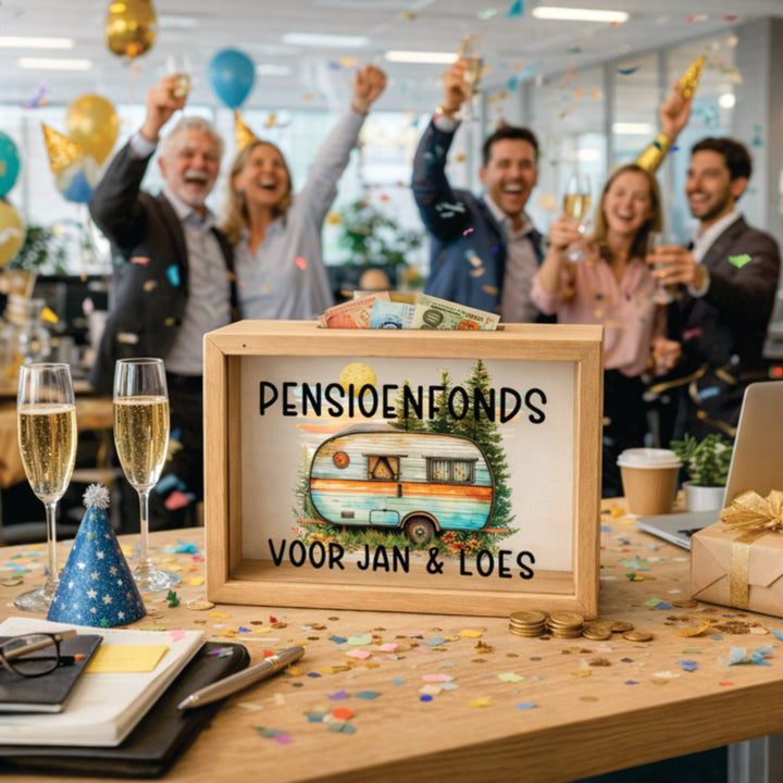 origineel pensioen cadeau spaarpot pensioenfonds met naam cadeau collega pensioen