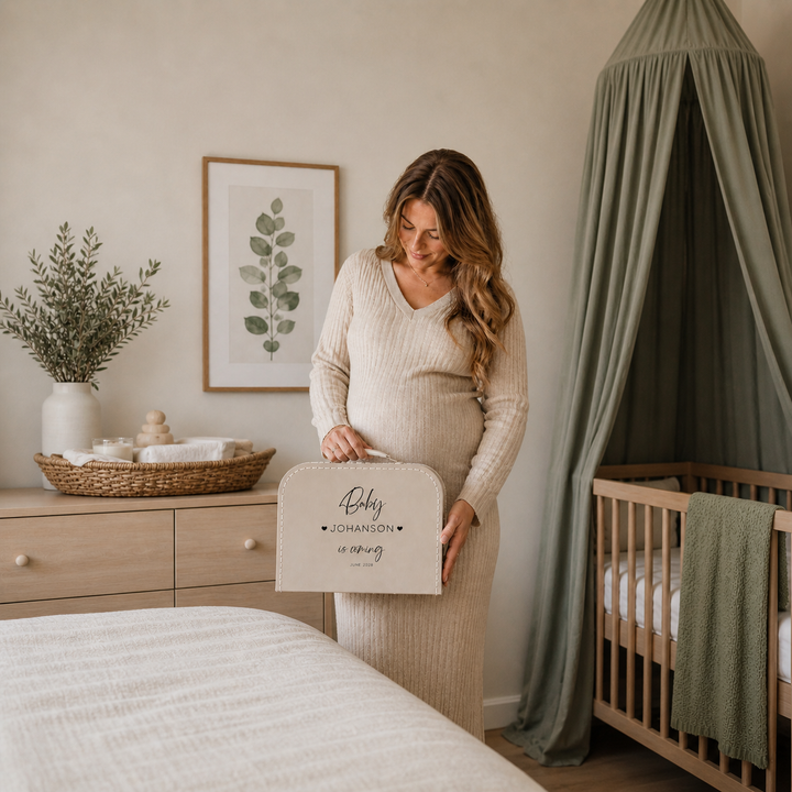 Zwangere vrouw houdt zwangerschapsaankondiging koffertje “Baby is coming” met naam vast in kinderkamer, zwangerschap aankondigen aan familie